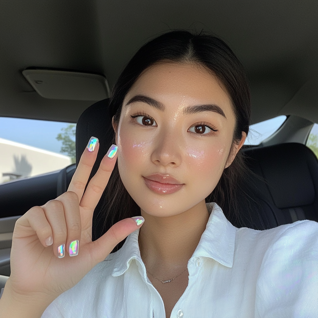 Candid Asian woman shows off new white nails.