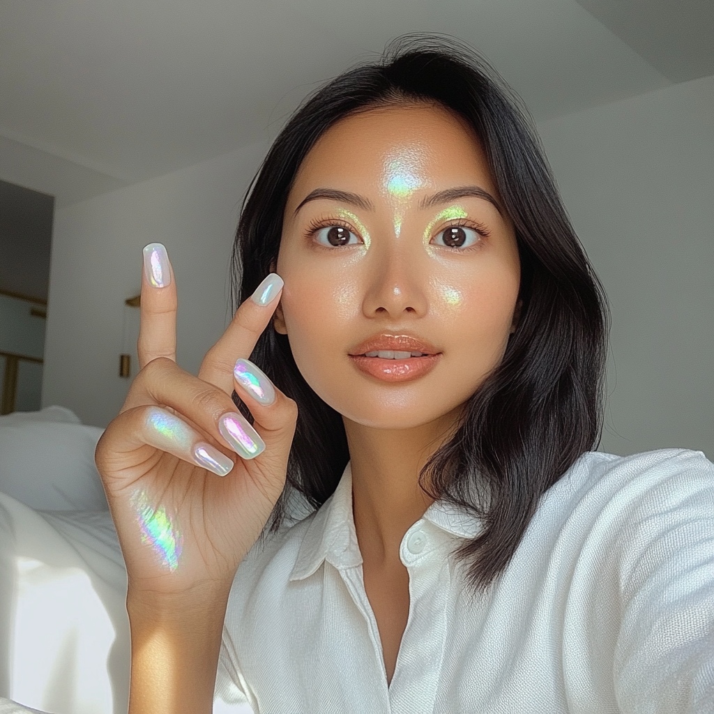 Candid Asian woman shows off white iridescent nails.