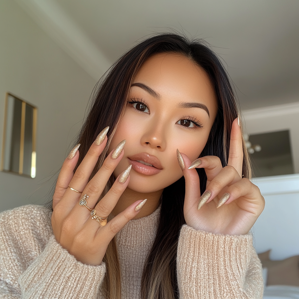 Candid Asian woman with champagne nails shaped almond.