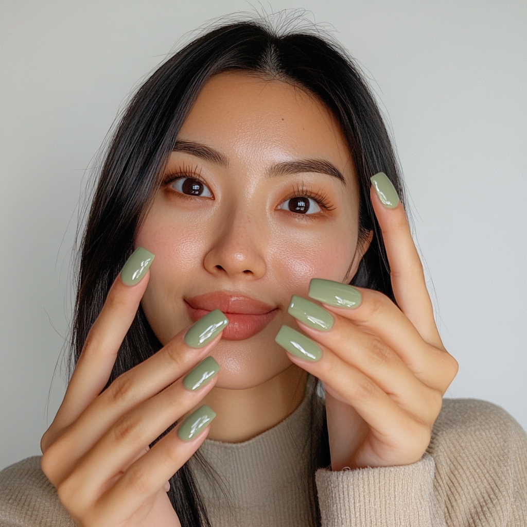 Candid photo of Asian woman showing off nails.