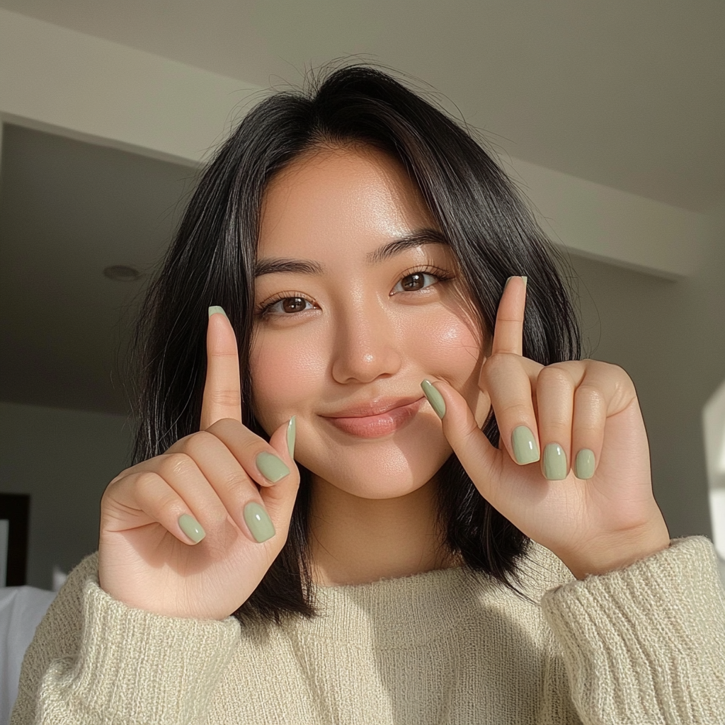 Candid photo of Asian woman showing painted nails.