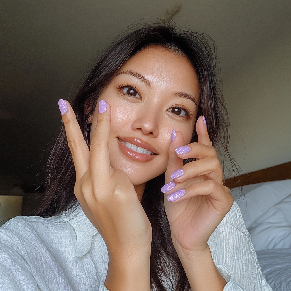 Candid photo of Asian woman with painted nails.