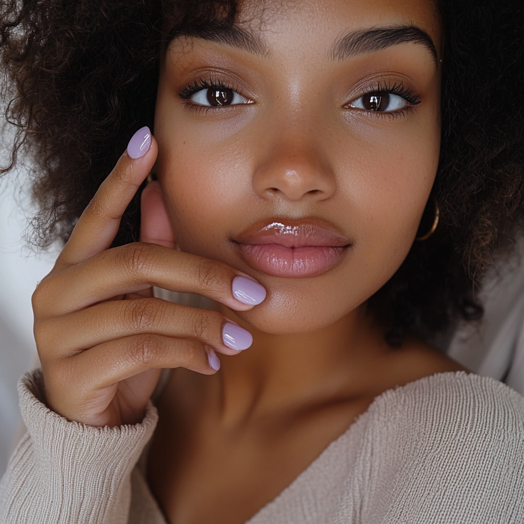 Candid photo of woman showing off lilac nails.