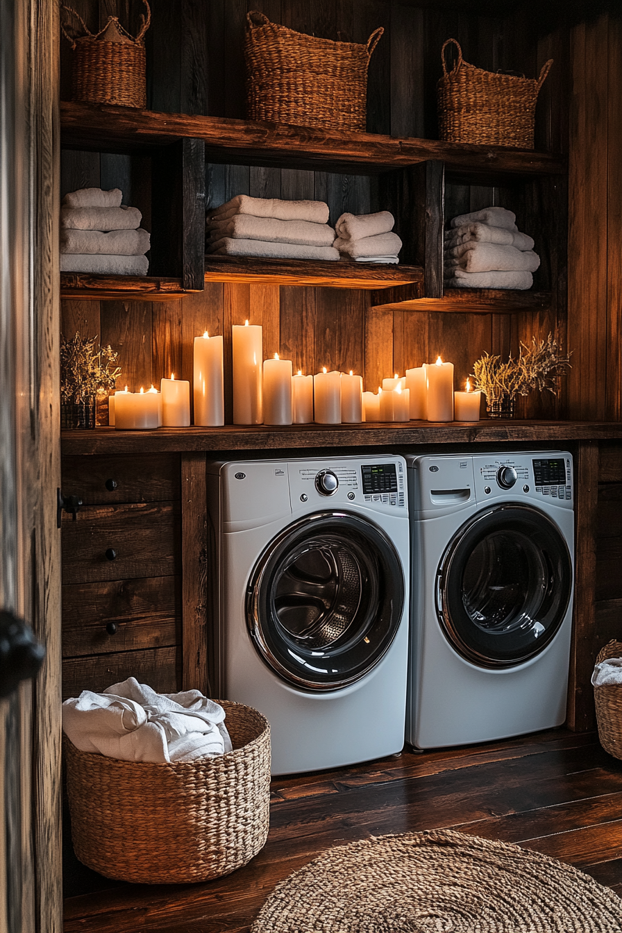 Candlelit laundry room with cowboy and gothic fusion vibes.