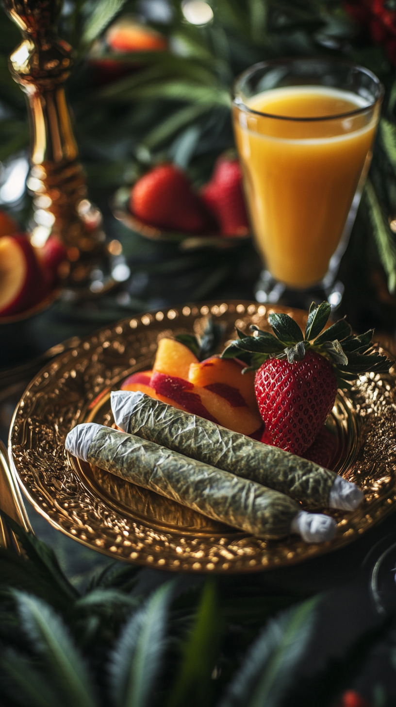 Cannabis joints on gold plates with fruit and juice.