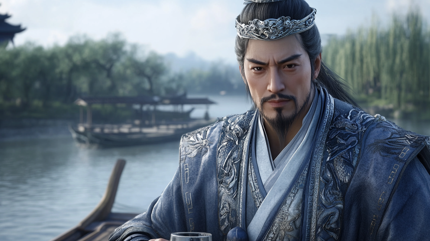 Cao Cao in gray-blue robe and silver crown, confident.