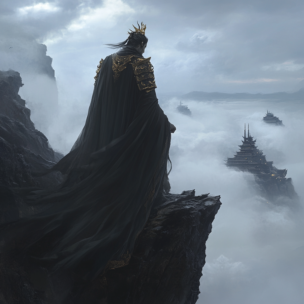 Cao Cao on cliff in black cloak, misty clouds.