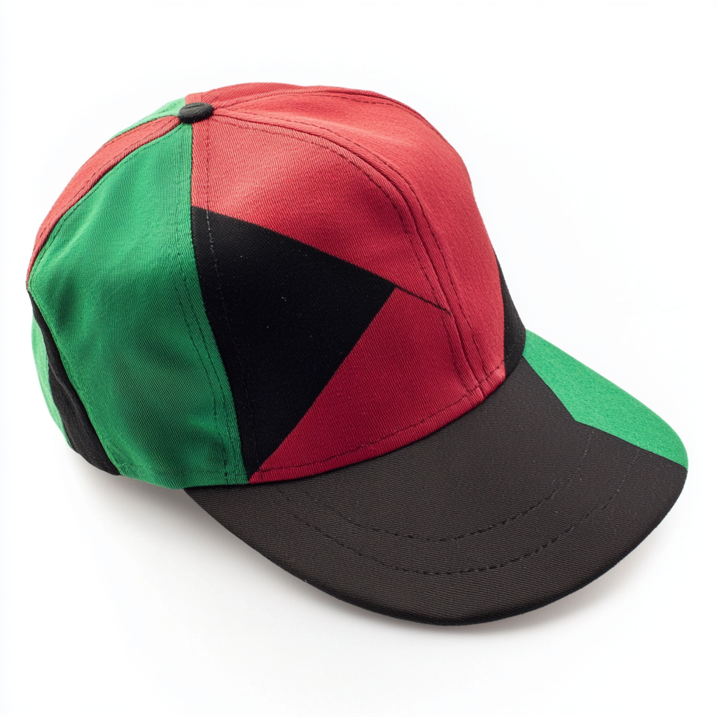 Cap with Nigerian flag design, red triangle, green, black.