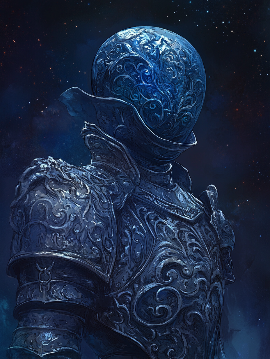 Capcom-style drawing of a dark blue plasmoid knight.