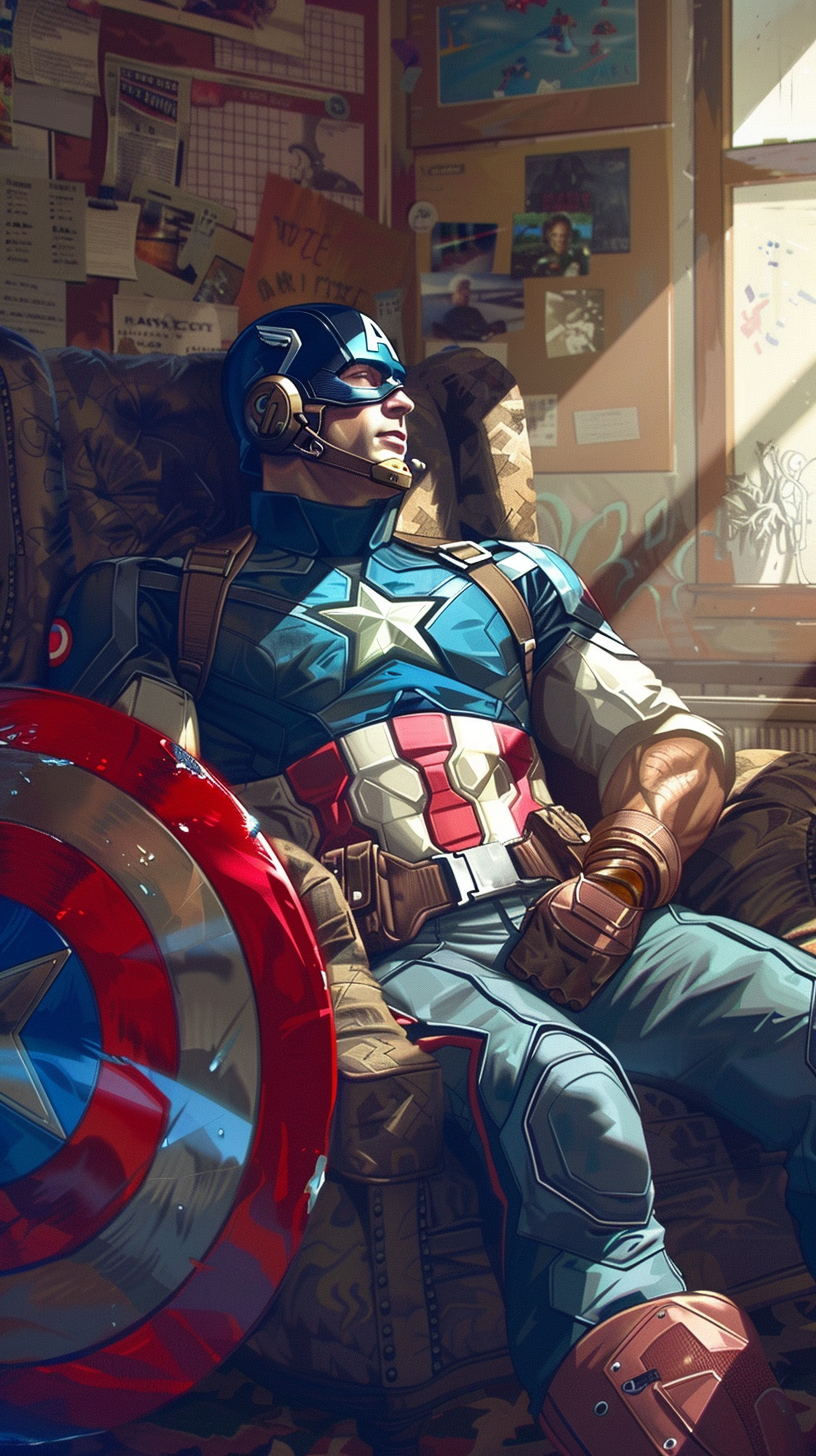 Captain America Relaxing at Home Listening to Music