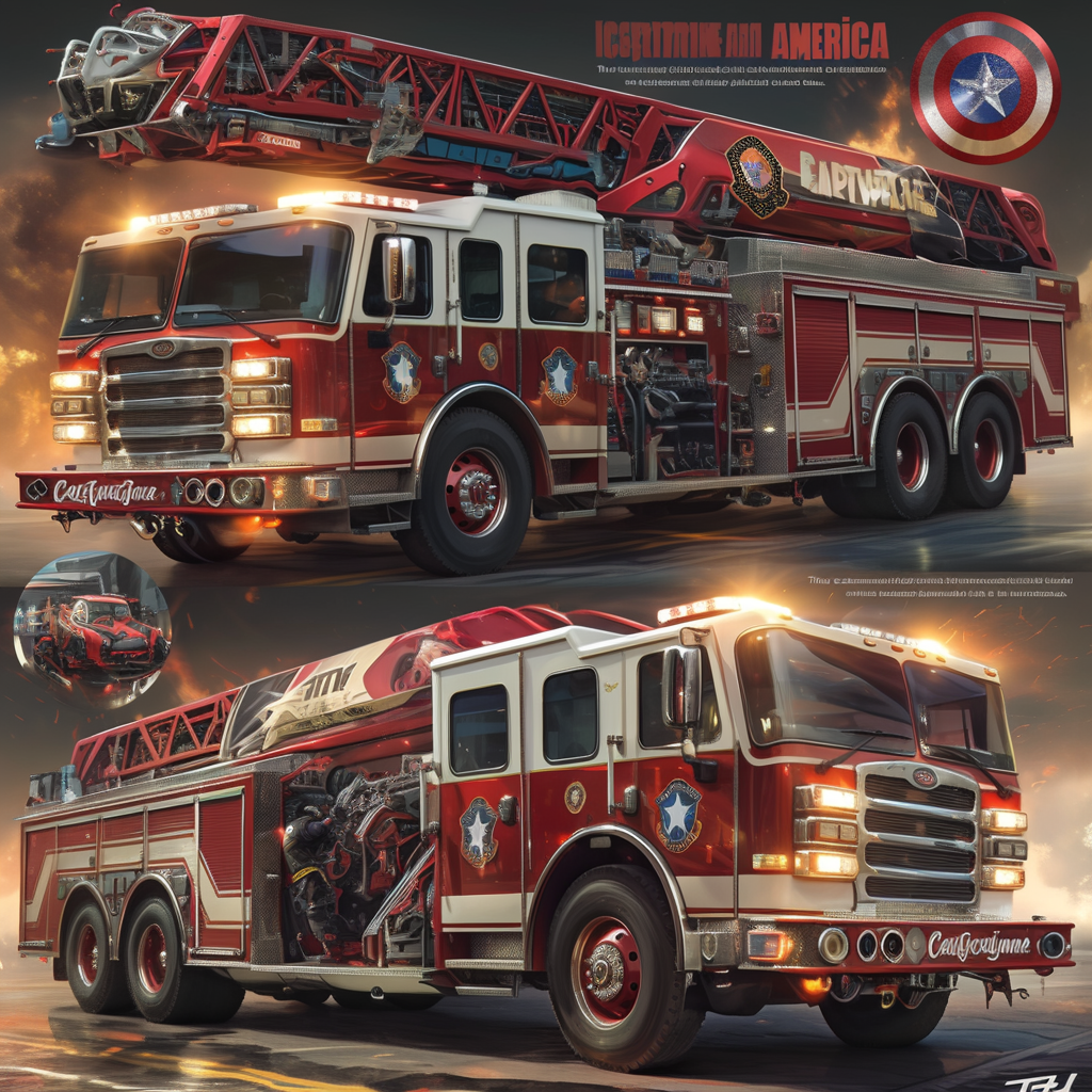 Captain America-themed fire truck with patriotic design and details.