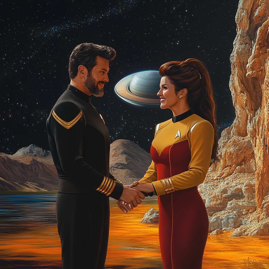 Captain Riker and Deanna Troi embrace by lake.