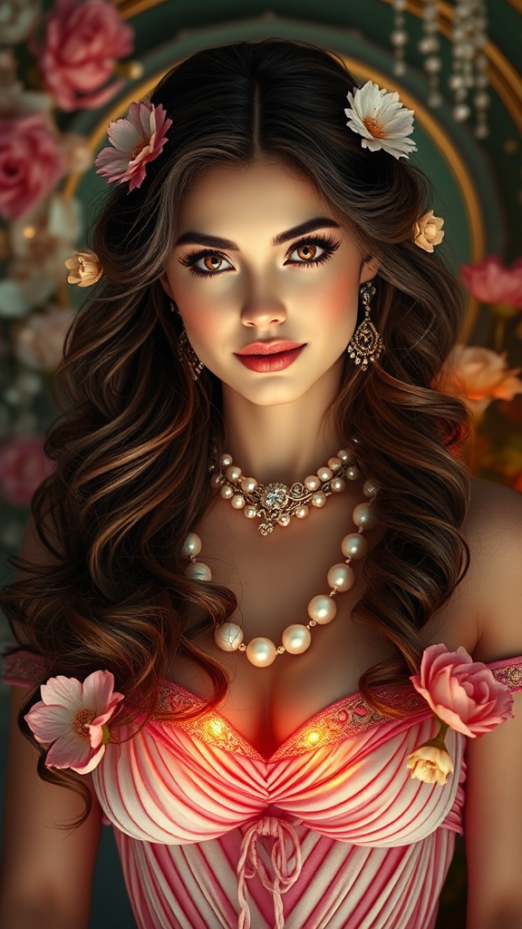 Captivating Aphrodite Surrounded by Flowers and Pearls