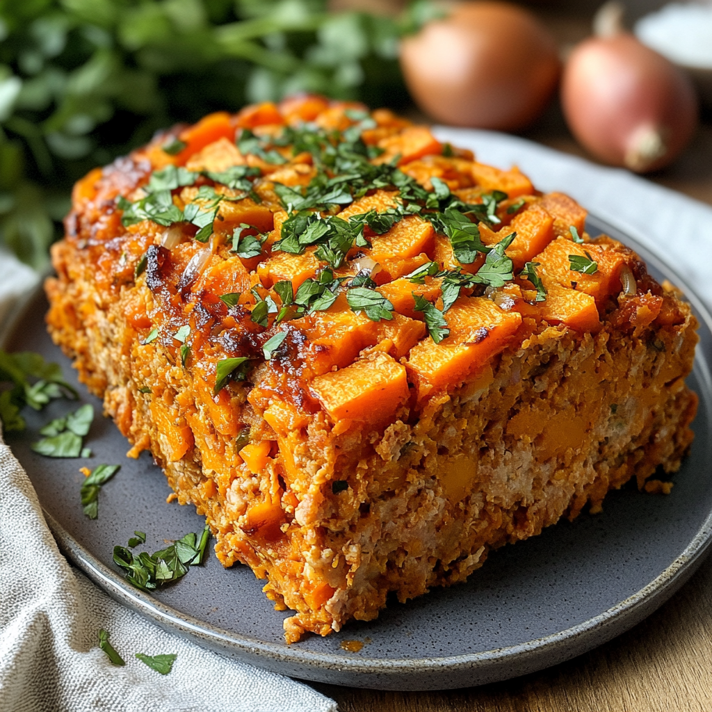 Capture essence of Sweet Potato Turkey Meatloaf image creatively.