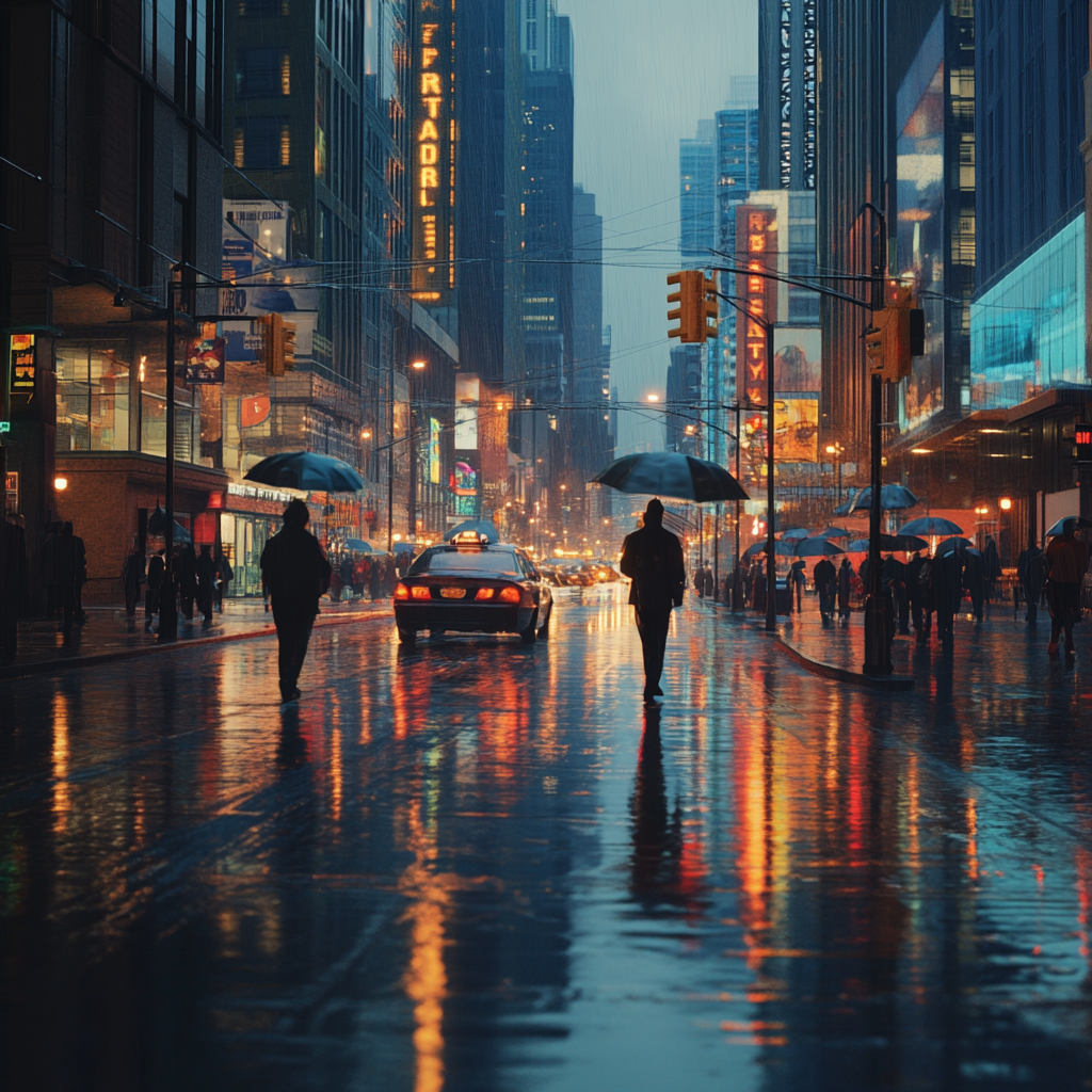 Capture rainy cityscape with city lights reflection, moody atmosphere.