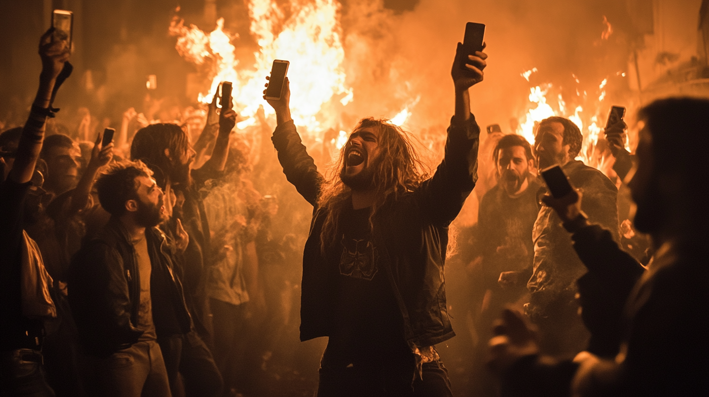 Capturing people at bonfire destroying phones for documentary.