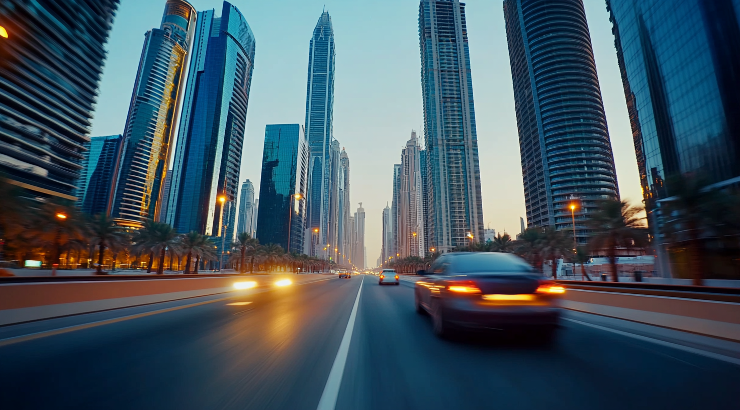 Car driving on highway façade, Dubai identity, cinematic scene.