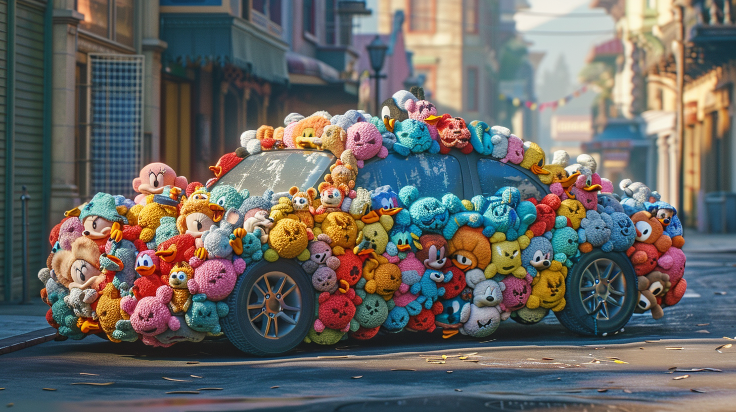 Car made of Disney plush toys in city street.