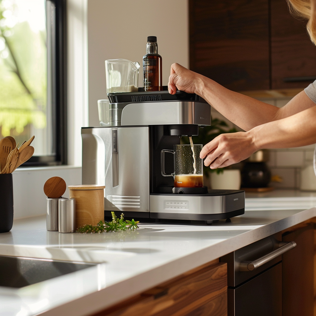 Careful cleaning of coffee machine in modern kitchen.