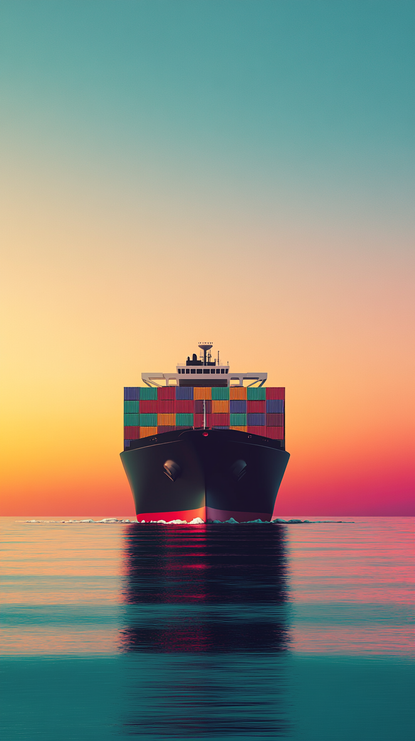 Cargo ship with colorful containers sailing at sunset.