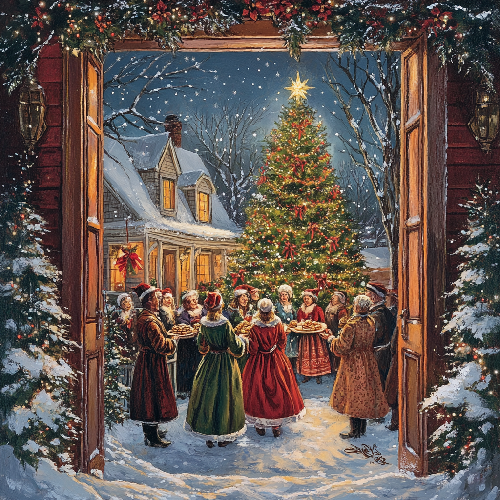 Carolers singing outside a house with Christmas tree.