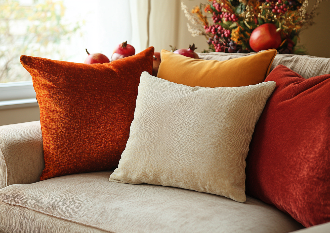 Carpets and pillows in warm autumn colors for holiday.