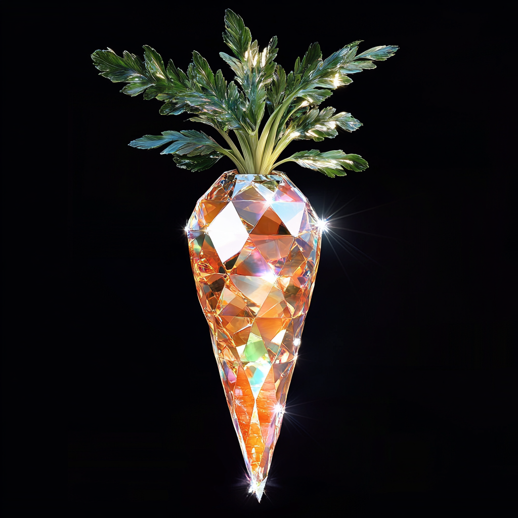 Carrot shape with diamond surface, rainbow hues, luxury nature.