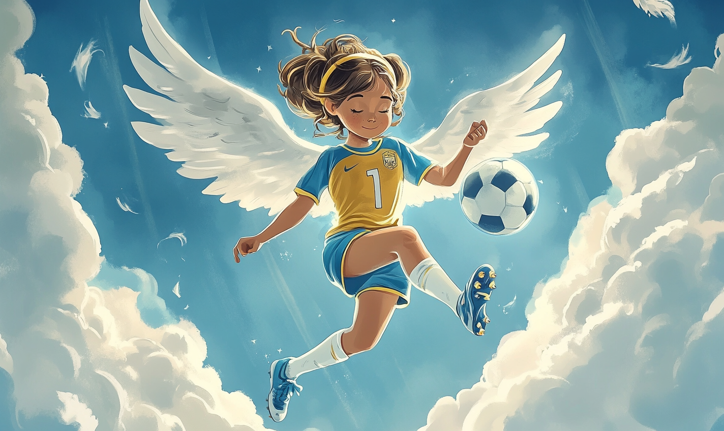 Cartoon 12-Year-Old Soccer Angel in Heavenly Sky 