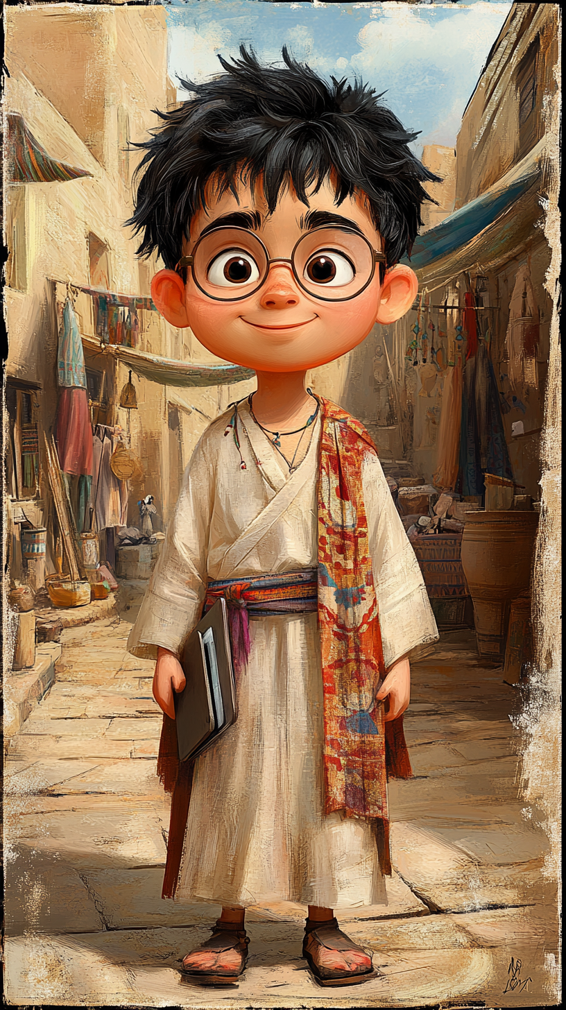 Cartoon Character Teenage Male in Egyptian Village with Tablet