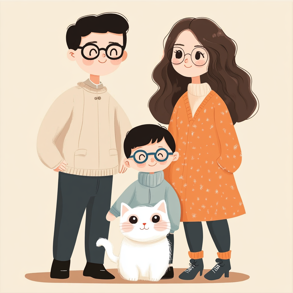 Cartoon Chinese family with black-framed glasses and white cat.