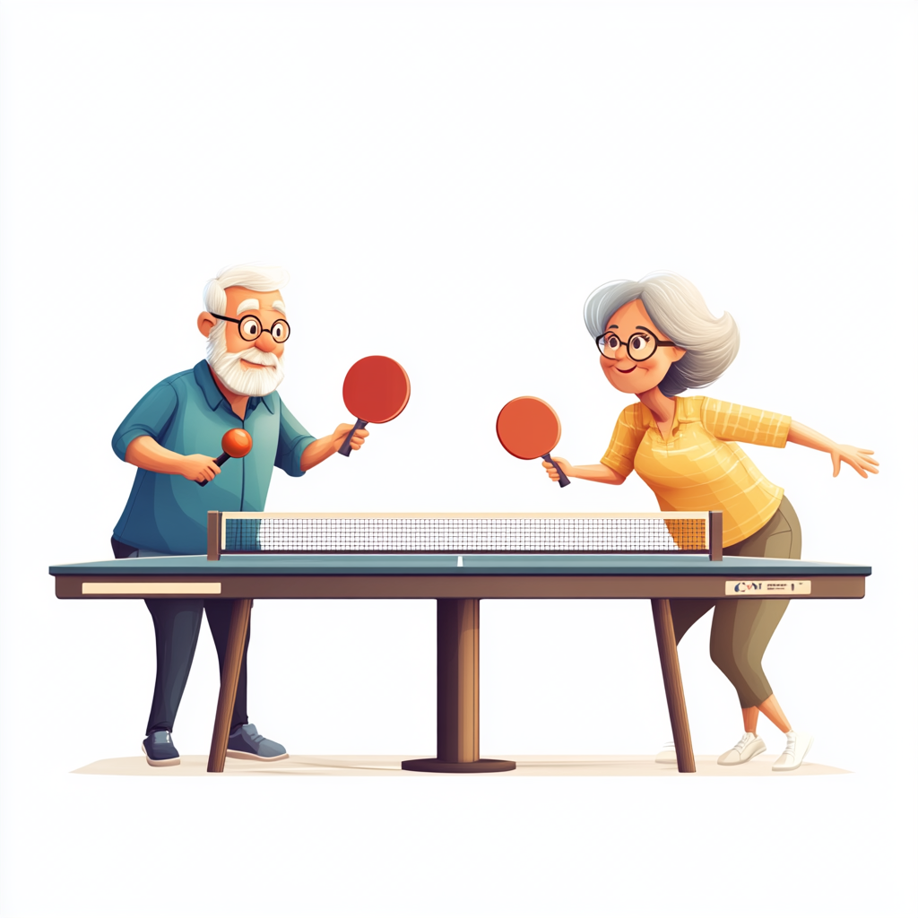 Cartoon Couple Playing Ping Pong Match Aged 50