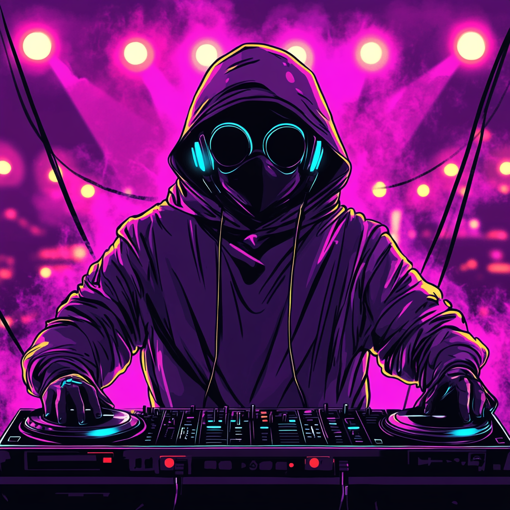 Cartoon DJ at Festival with Neon Colors