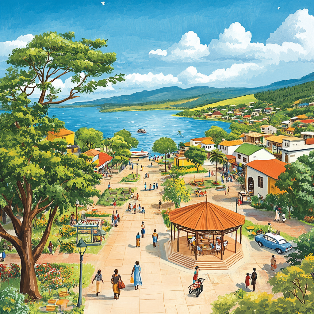 Cartoon East Africa Town with Lake, Street, Park