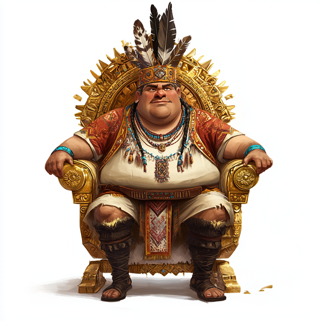 Cartoon Fat King on Golden Throne with Feathers