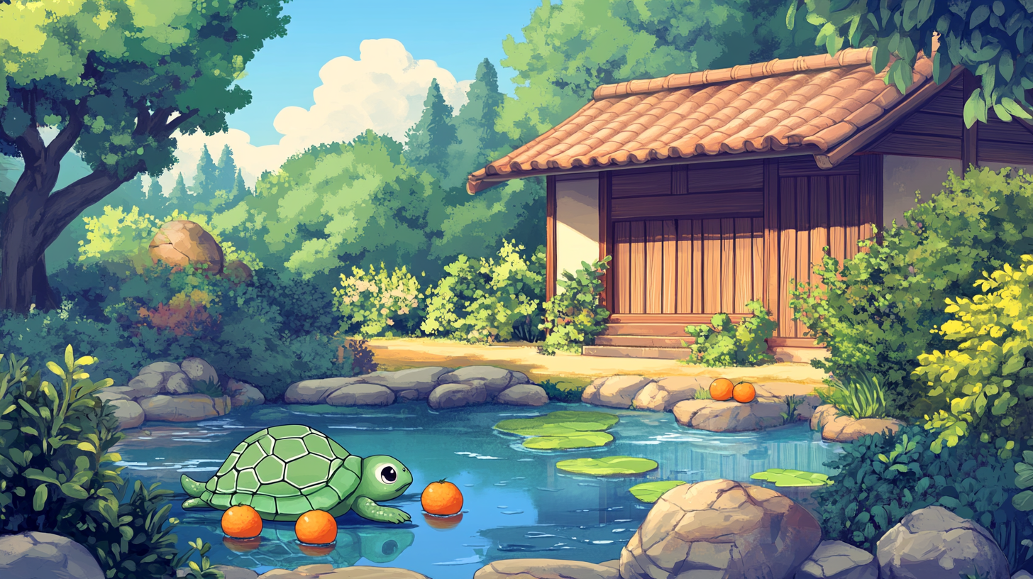 Cartoon Green Turtle resting in pond with oranges, Japanese house.