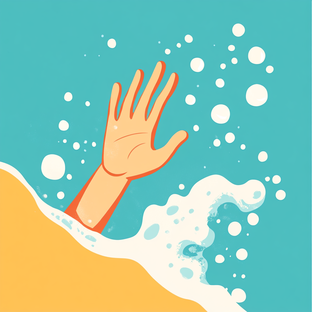 Cartoon Hand Waving in Ocean Wave Illustration