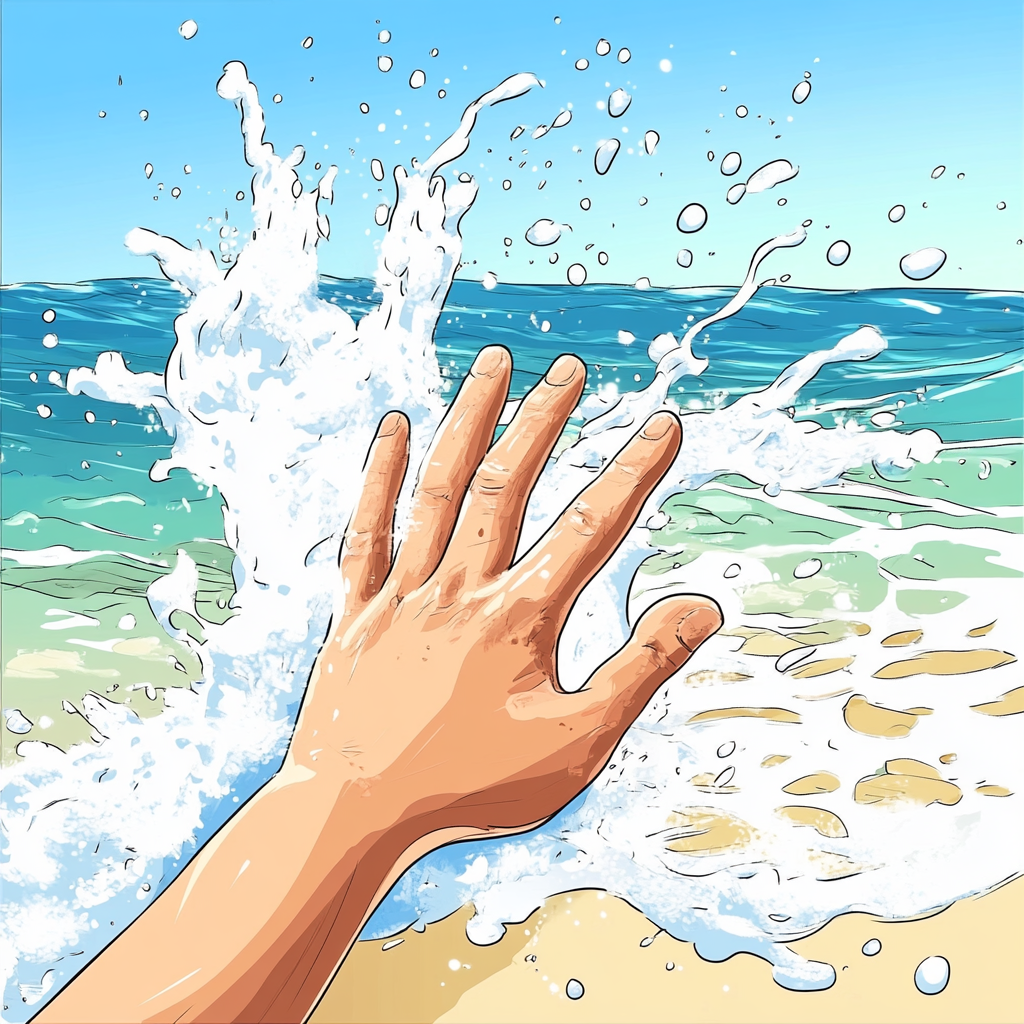 Cartoon Hand Waving with Ocean Wave Splash Animation