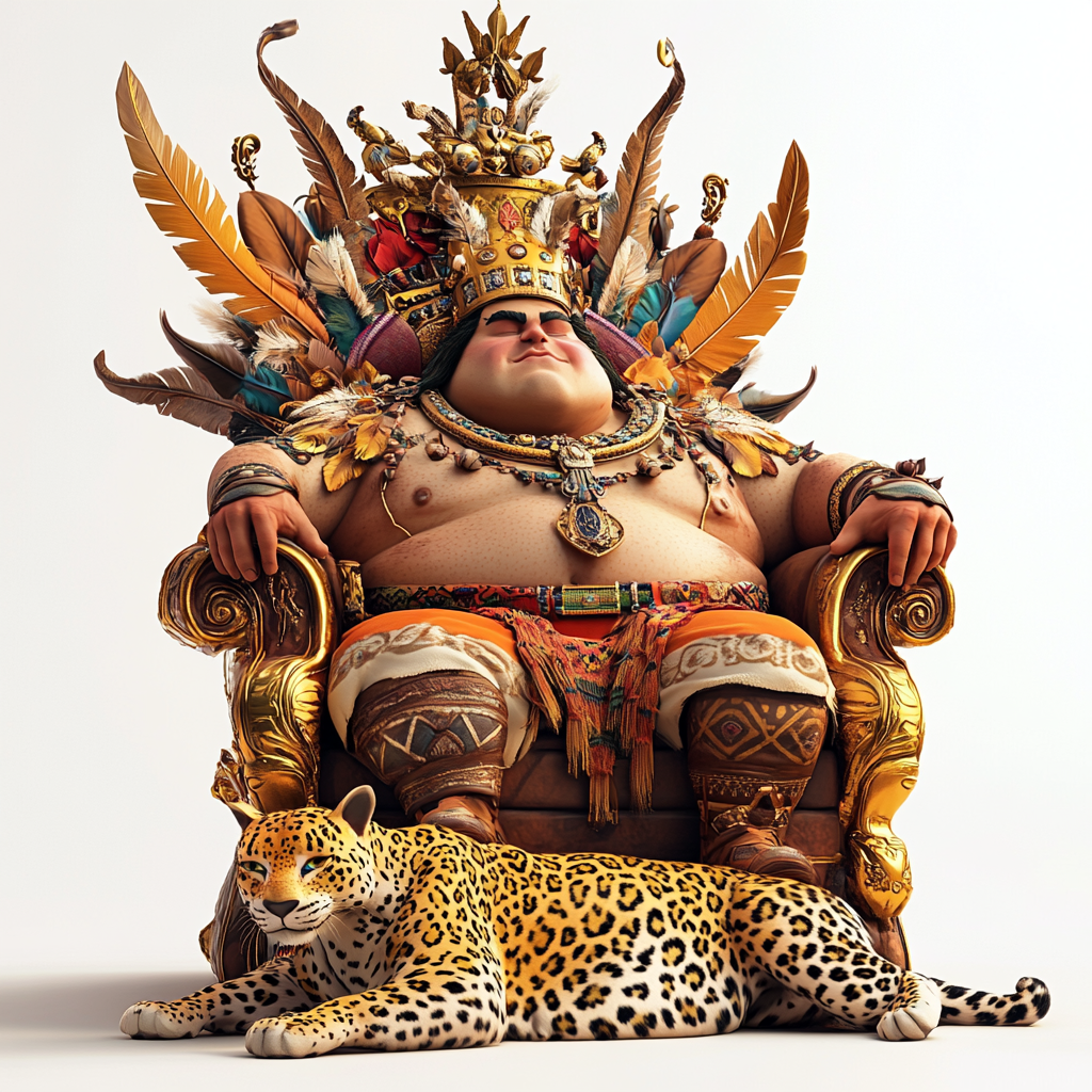 Cartoon King on Aztec Throne, Golden Crown, Leopard