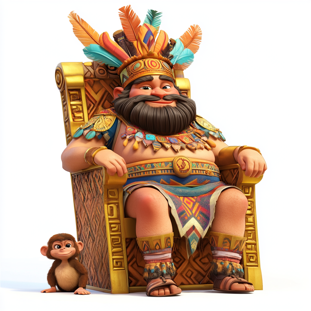 Cartoon King on Golden Aztec Throne with Monkeys