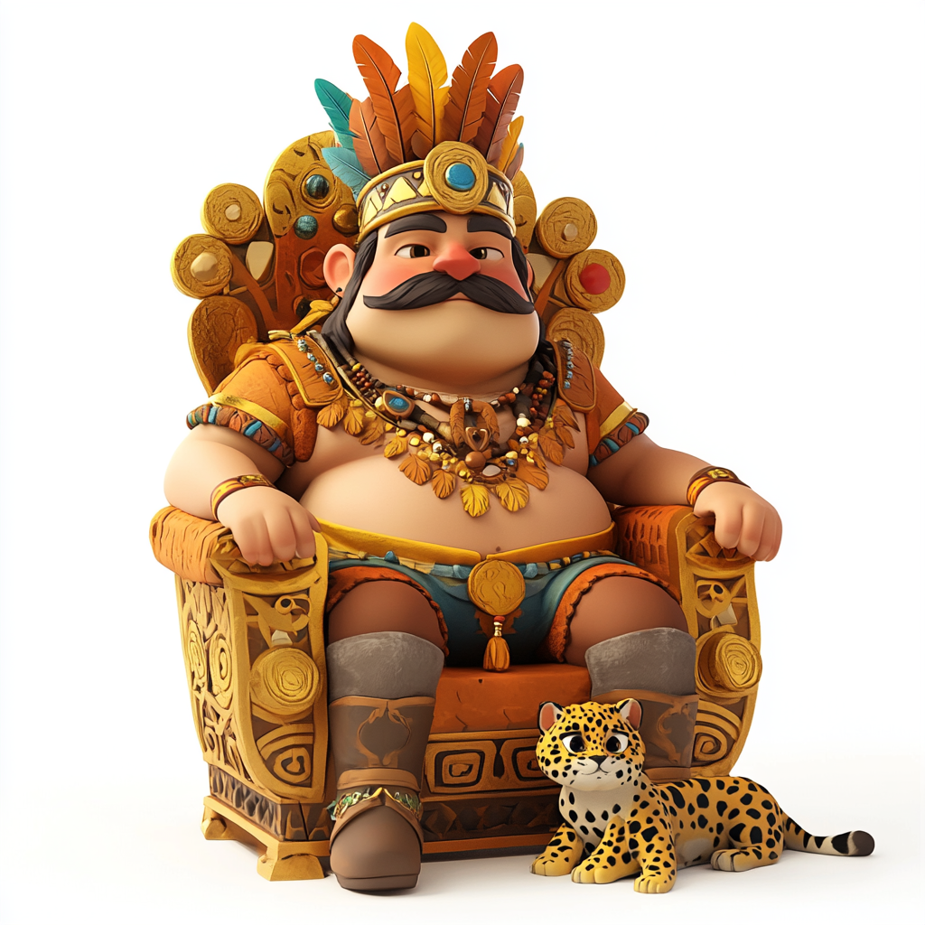 Cartoon King on Golden Throne with Feathers 