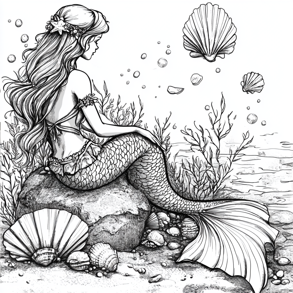 Cartoon Mermaid on Rock with Seashells Illustration - 1:1