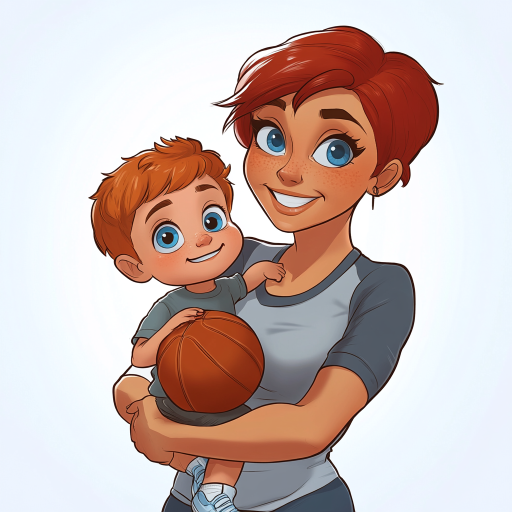 Cartoon Mom with Silver Pixie Hair Holding Baby Boy 