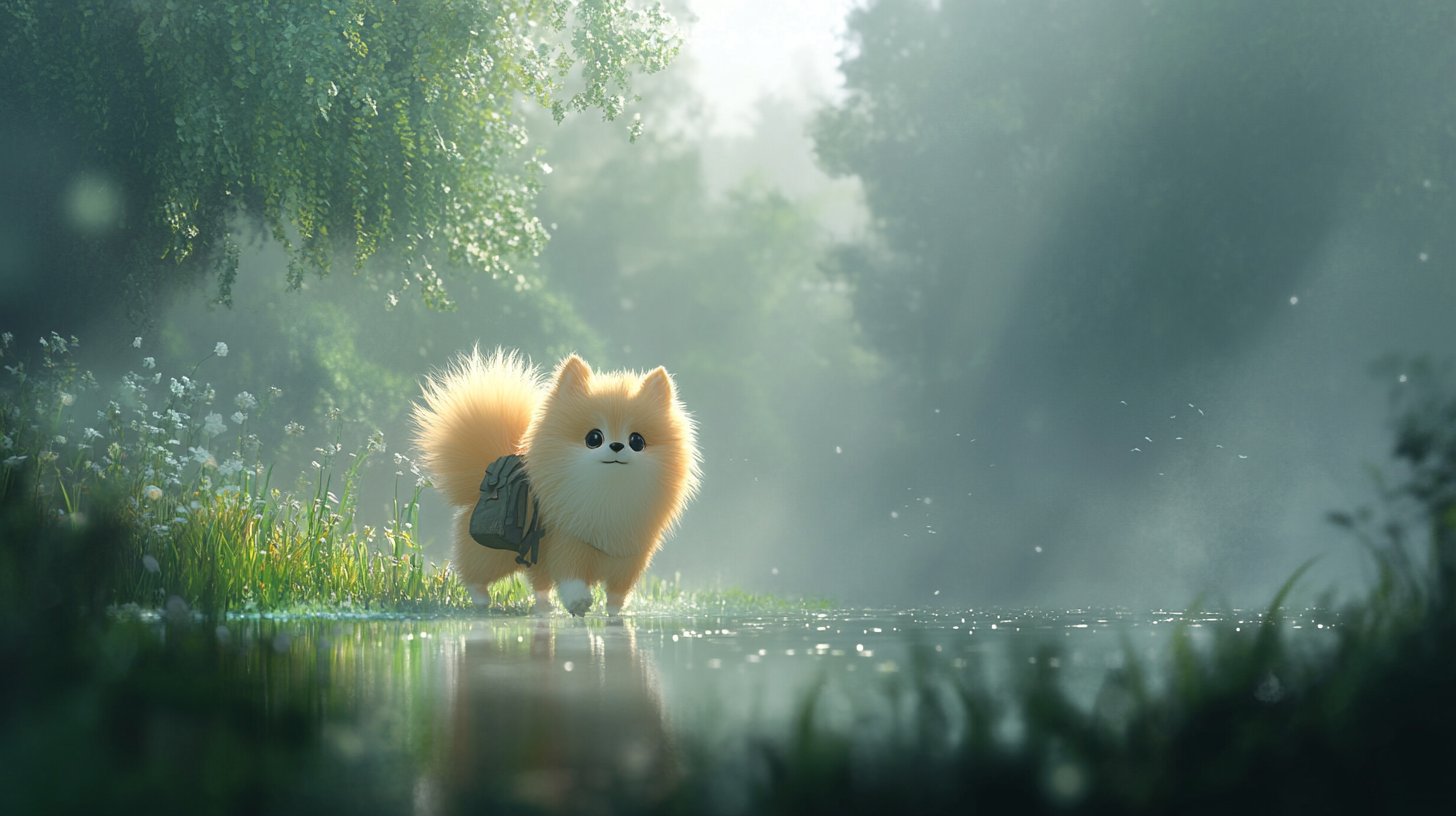 Cartoon Pomeranian with knapsack walks in foggy setting.