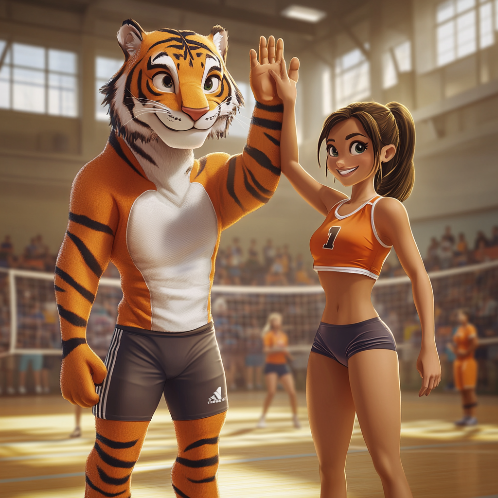 Cartoon Tiger in volleyball uniform giving high five.