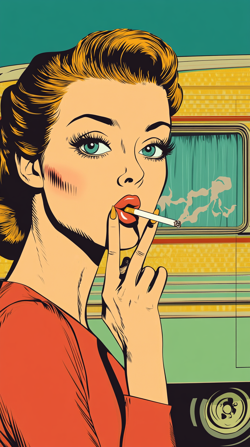 Cartoon Woman Stops, Holds Cigarette Outside Trailer.