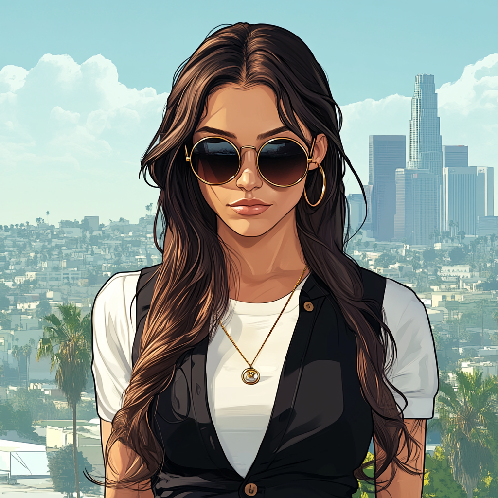 Cartoon Young Woman in Black Sunglasses in LA