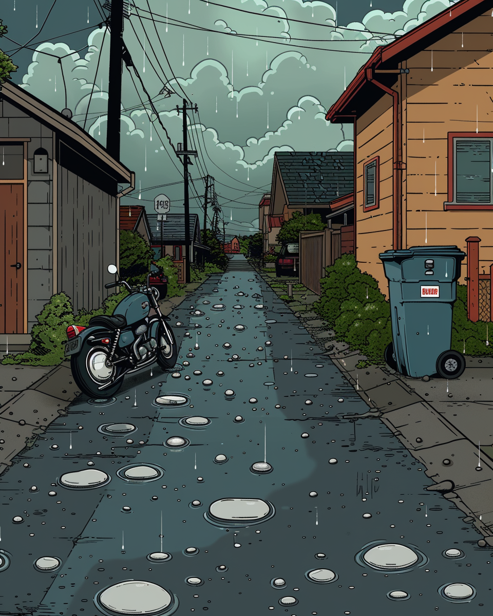 Cartoon alley behind homes, motorbike, recycling bins, raindrops, chair.