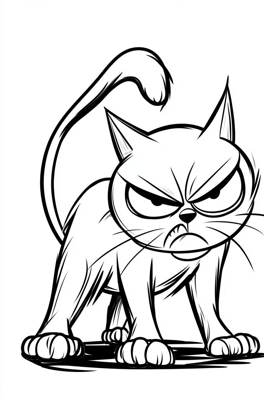 Cartoon angry cat in kids coloring book.