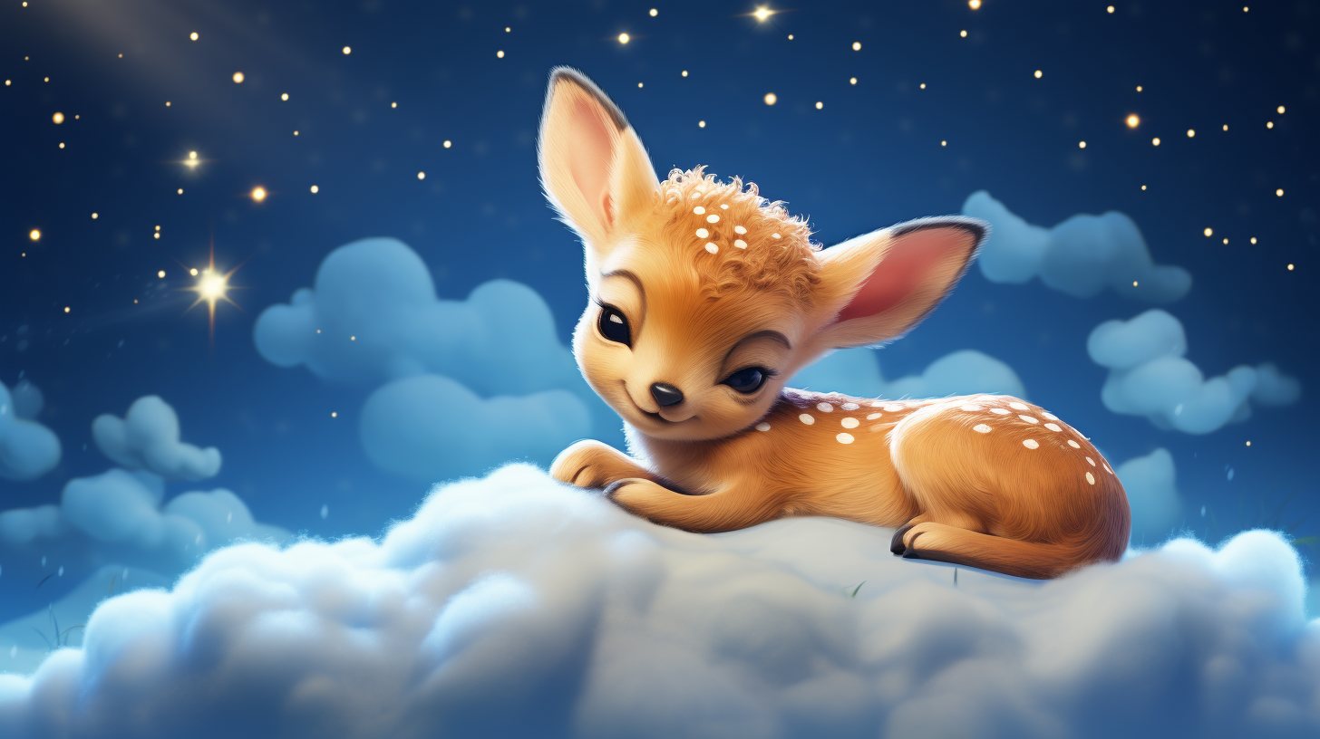 Cartoon baby deer asleep on starry cloud in HD