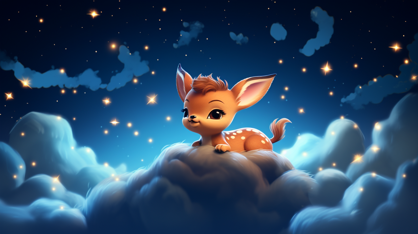 Cartoon baby deer sleeping on clouds under starry sky.